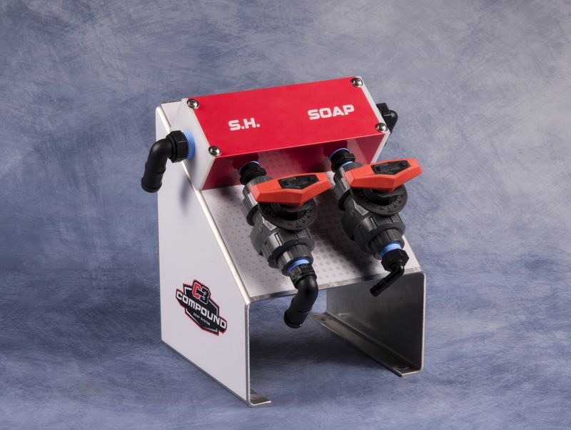 Compound 12V soft wash metering system with durable valves and control panel