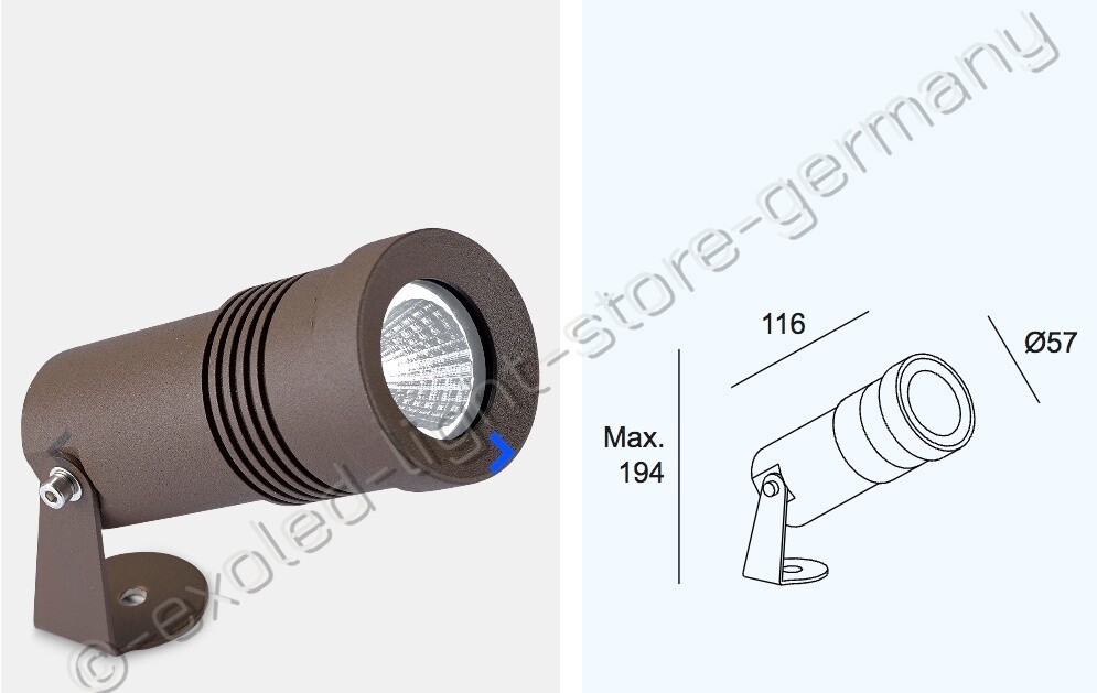 3W ExoOutPICOled   Aussenstrahler für 230V Direktanschluss - 15/24°-Reflektor. 3000K - Schutzglas gehärtet.