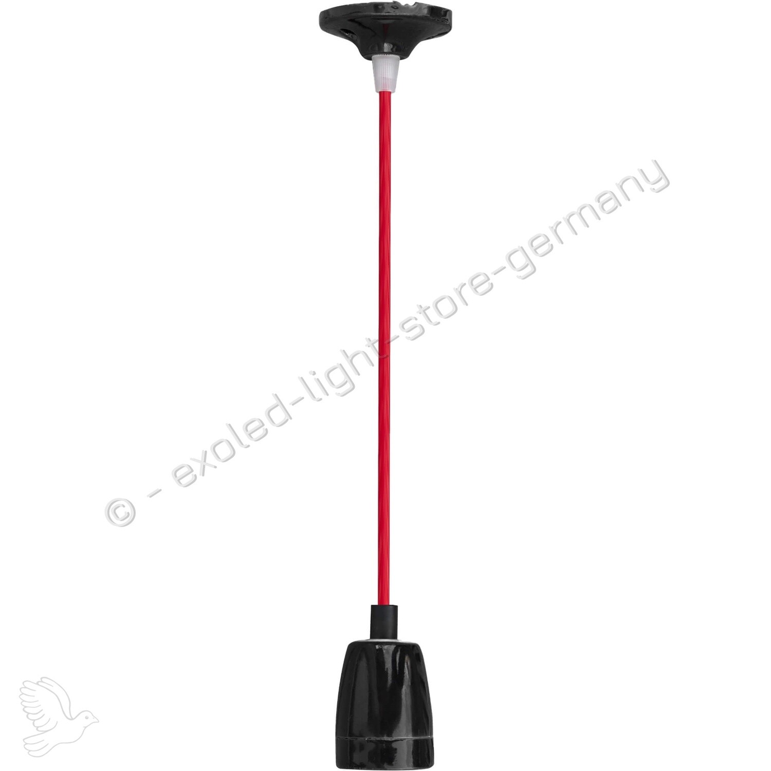 Pendel-Fassung New York Porzellan schwarz--E27 -- 2m--Textilkabel rot