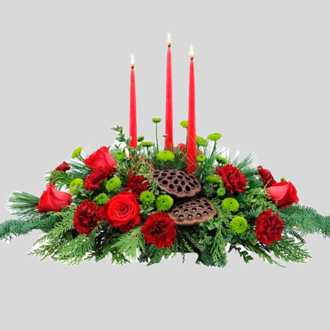 Triple Tapered Candle Holiday Centerpiece- Deluxe Laurel & Lace Floral Design | Pottstown, PA | Triple candle