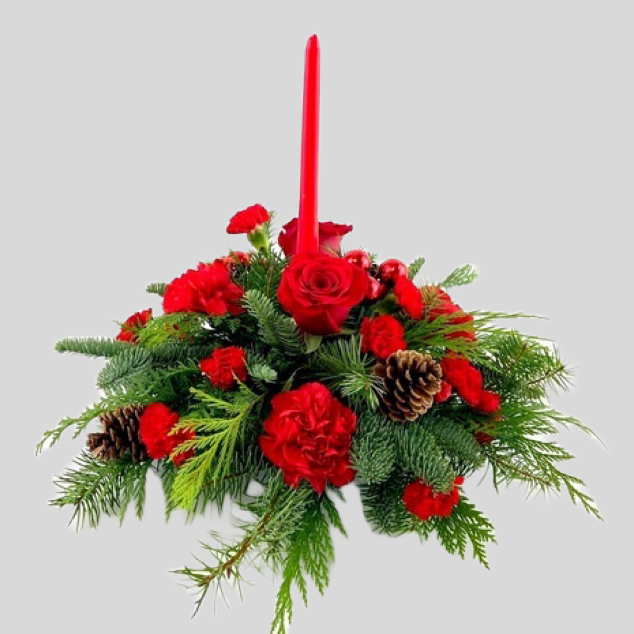 Single Tapered Candle Holiday Centerpiece- Deluxe Laurel & Lace Floral Design | Pottstown, PA | Single Candle Centerpiece Christmas