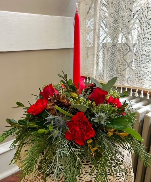 Holiday Blossoms Candle Centerpiece (three options to chose from) Laurel & Lace Floral Design | Pottstown, PA | Christmas Single Candle