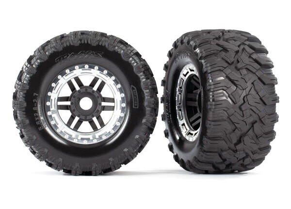 8972X Tires &amp; wheels, assembled, glued (black, satin chrome beadlock style wheels, Maxx MT tires, foam inserts) (2) (17mm splined) (TSM rated)