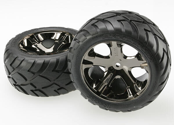 3773A Tires &amp; wheels, assembled, glued (All Star black chrome wheels, Anaconda tires, foam inserts) (2WD electric rear) (1 left, 1 right)