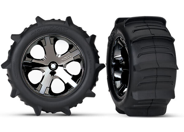 3776 Tires &amp; wheels, assembled, glued (2.8&#39;) (All-Star black chrome wheels, paddle tires, foam inserts) (2WD electric rear) (2) (TSM rated)