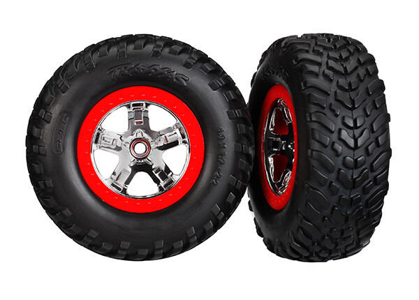 5887 Tires &amp; wheels, assembled, glued (SCT chrome wheels, red beadlock style, dual profile (2.2&#39; outer, 3.0&#39; inner), SCT off-road racing tires, foam inserts) (2) (4WD f/r, 2WD rear) (TSM rated)