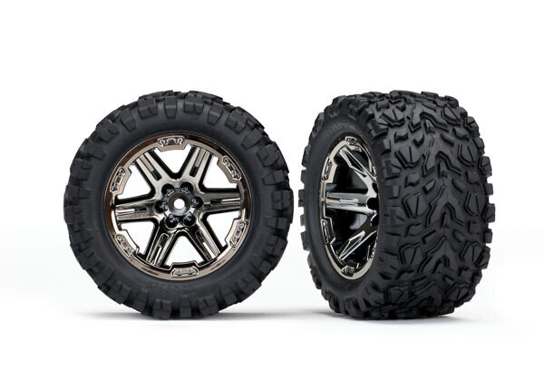 6773X Tires &amp; wheels, assembled, glued (2.8&#39;) (RXT black chrome wheels, Talon Extreme tires, foam inserts) (4WD electric front/rear, 2WD electric front only) (2) (TSM rated)