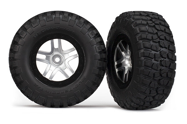 6873 - Tires &amp; wheels, assembled, glued (SCT Split-Spoke satin chrome, black beadlock style wheels, BFGoodrich® Mud-Terrain™ T/A® KM2 tires, foam inserts) (2) (4WD f/r, 2WD rear) (TSM® rated