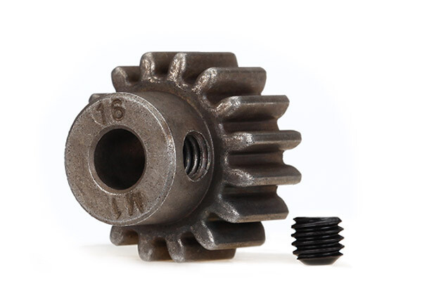 6489X    Gear, 16-T pinion (1.0 metric pitch) (fits 5mm shaft)/ set screw (for use only with steel spur gears)