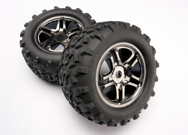 4983A Tires &amp; wheels, assembled, glued (SS (Split Spoke) black chrome wheels, Maxx tires (6.3&#39; outer diameter), foam inserts) (2) (use with 17mm splined wheel hubs &amp; nuts, part #5353X) (fits Revo /T-M