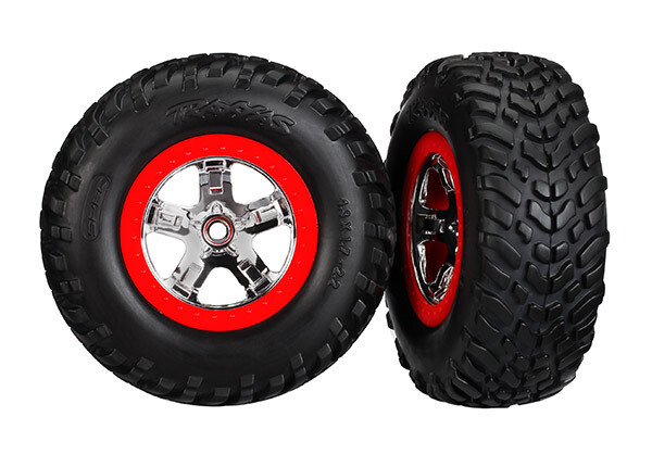 5888 - Tires &amp; wheels, assembled, glued (SCT chrome wheels, red beadlock style, dual profile (2.2&#39; outer, 3.0&#39; inner), SCT off-road racing tires, foam inserts) (2) (2wd front)