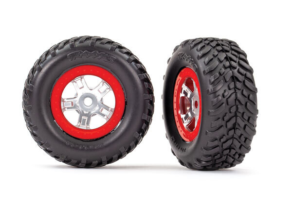 7073A Tires and wheels, assembled, glued (SCT satin chrome wheels, red beadlock style, SCT off-road racing tires, foam inserts) (1 each, right &amp; left)
