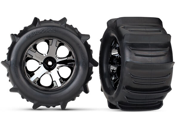 4175 tires &amp; wheels, assembled, glued (2.8&#39;) (All-Star black chrome wheels, paddle tires, foam inserts) (nitro rear/ 4WD electric front/rear) (2) (TSM rated)