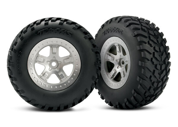 5873  Tires &amp; wheels, assembled, glued (SCT satin chrome, beadlock style wheels, SCT off-road racing tires, foam inserts) (2) (4WD front/rear, 2WD rear only) (TSM rated)