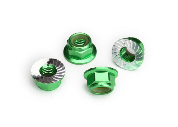 8447G  Nuts, 5mm flanged nylon locking (aluminum, green-anodized, serrated) (4)