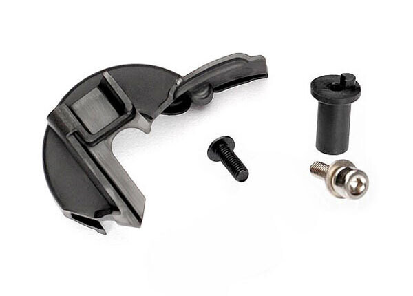 7077R Cover, gear/ motor mount hinge post/ 3x10mm CS with split and flat washers (1)/ 3x8mm BCS (1)