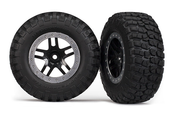5883 Tire &amp; wheel assy, glued (SCT Split-Spoke, black, satin chrome beadlock wheels, BFGoodrich® Mud-Terrain™ T/A® KM2 tire, inserts) (2) (4WD f/r, 2WD rear)