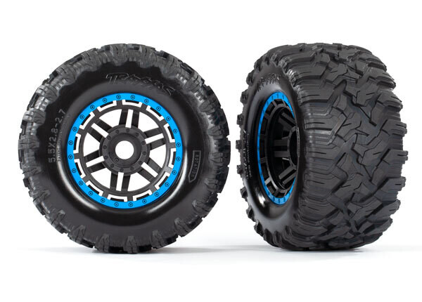 8972A Tires &amp; wheels, assembled, glued (black, blue beadlock style wheels, Maxx MT tires, foam inserts) (2) (17mm splined) (TSM rated)