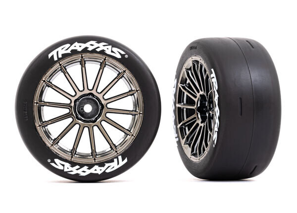 9375R Tires &amp; wheels, assembled, glued (multi-spoke black chrome wheels, 2.0&quot; slick tires with Traxxas logo, foam inserts) (rear) (2) (VXL rated)