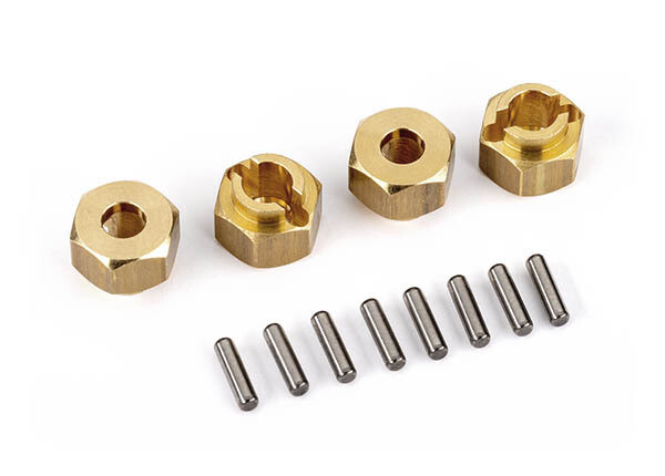 9750X Wheel hubs, 7mm hex, brass (1 gram each) (4)/ axle pins (8)