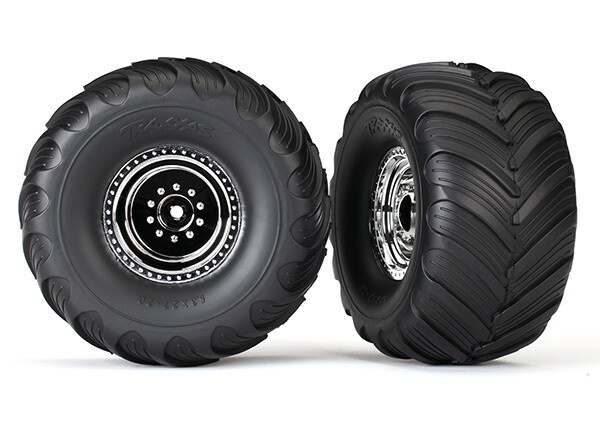 3665X Tires &amp; wheels, assembled, glued (chrome wheels, Terra Groove dual profile tires, foam inserts) (nitro rear/ electric front) (2)