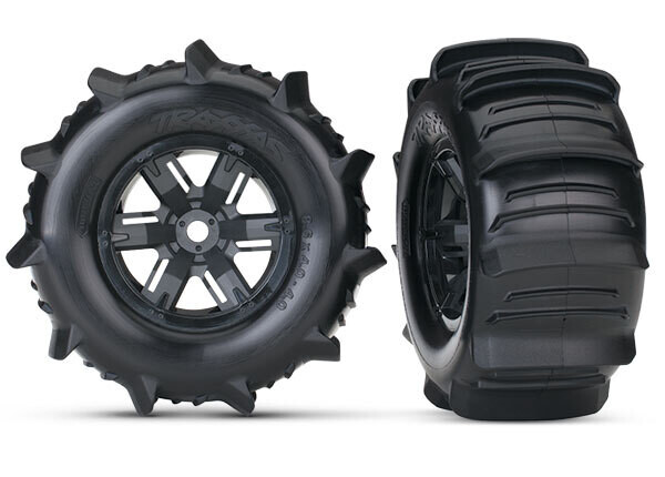 7773 Tires &amp; wheels, assembled, glued (X-Maxx black wheels, paddle tires, foam inserts) (2)