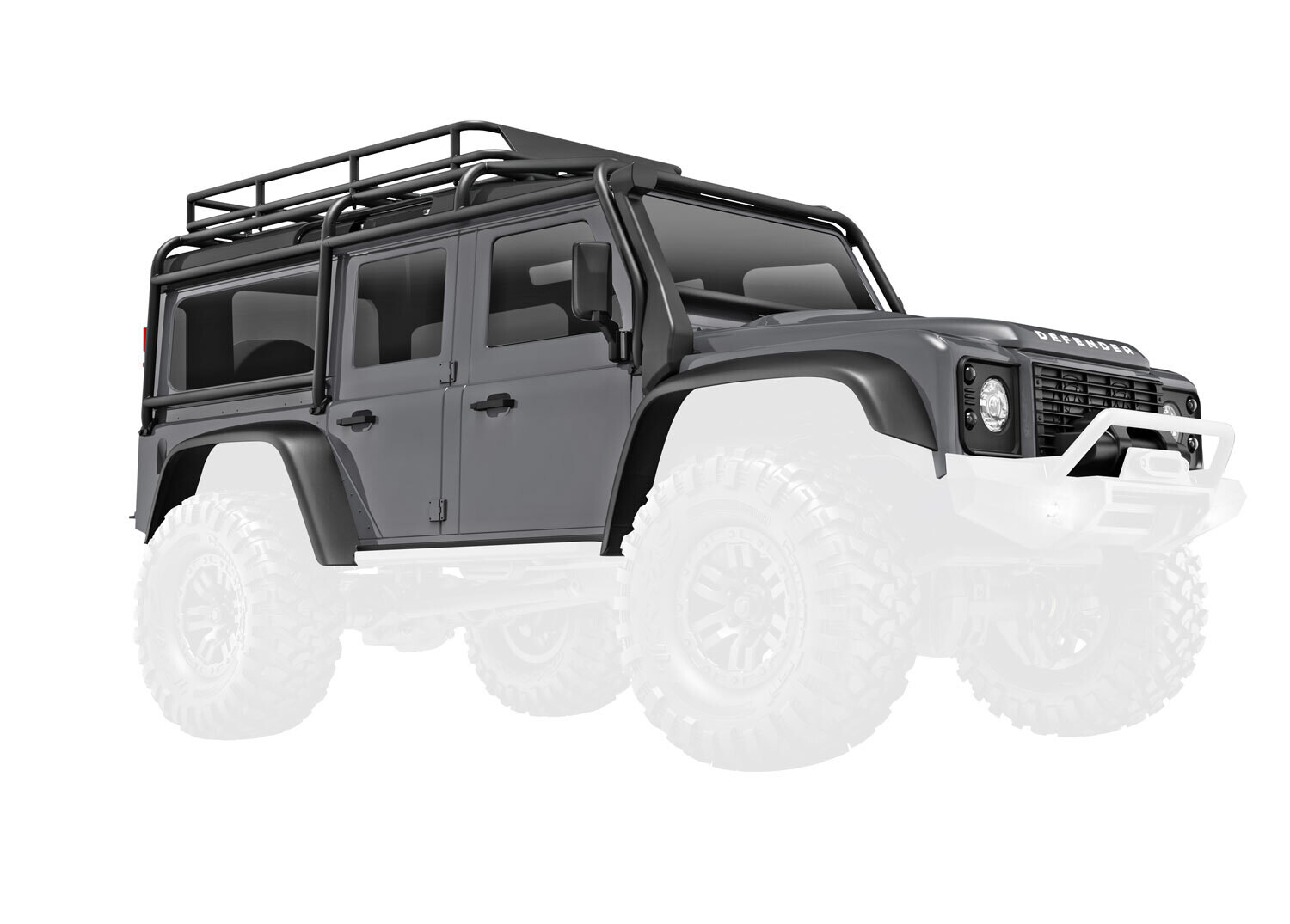 9712-SLVR Body, Land Rover Defender, complete, silver (includes grille, side mirrors, door handles, fender flares, fuel canisters, jack, spare tire mount, &amp; clipless mounting) (requires #9734 front &amp;