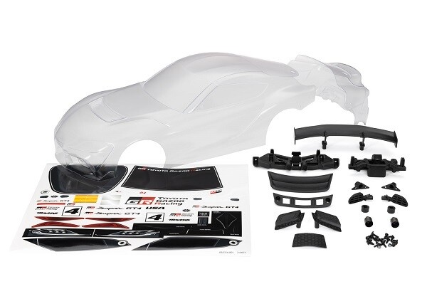 9340 Body, Toyota Supra GT4 (clear, trimmed, requires painting)/ decal sheet (includes side mirrors, spoiler, grilles, vents, hardware, &amp; clipless mounting)