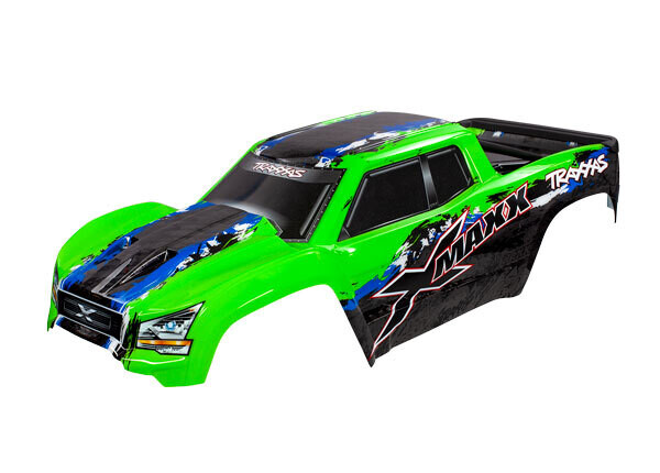 7811G Body, XMaxx, green (painted, decals applied) (assembled with front &amp; rear body mounts, rear body support, and tailgate protector)