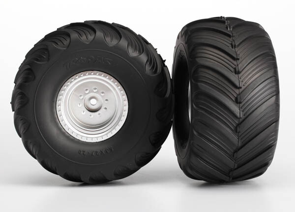 3665 Tires &amp; wheels, assembled, glued (satin chrome wheels, Terra Groove dual profile tires, foam inserts) (nitro rear/ electric front) (2)