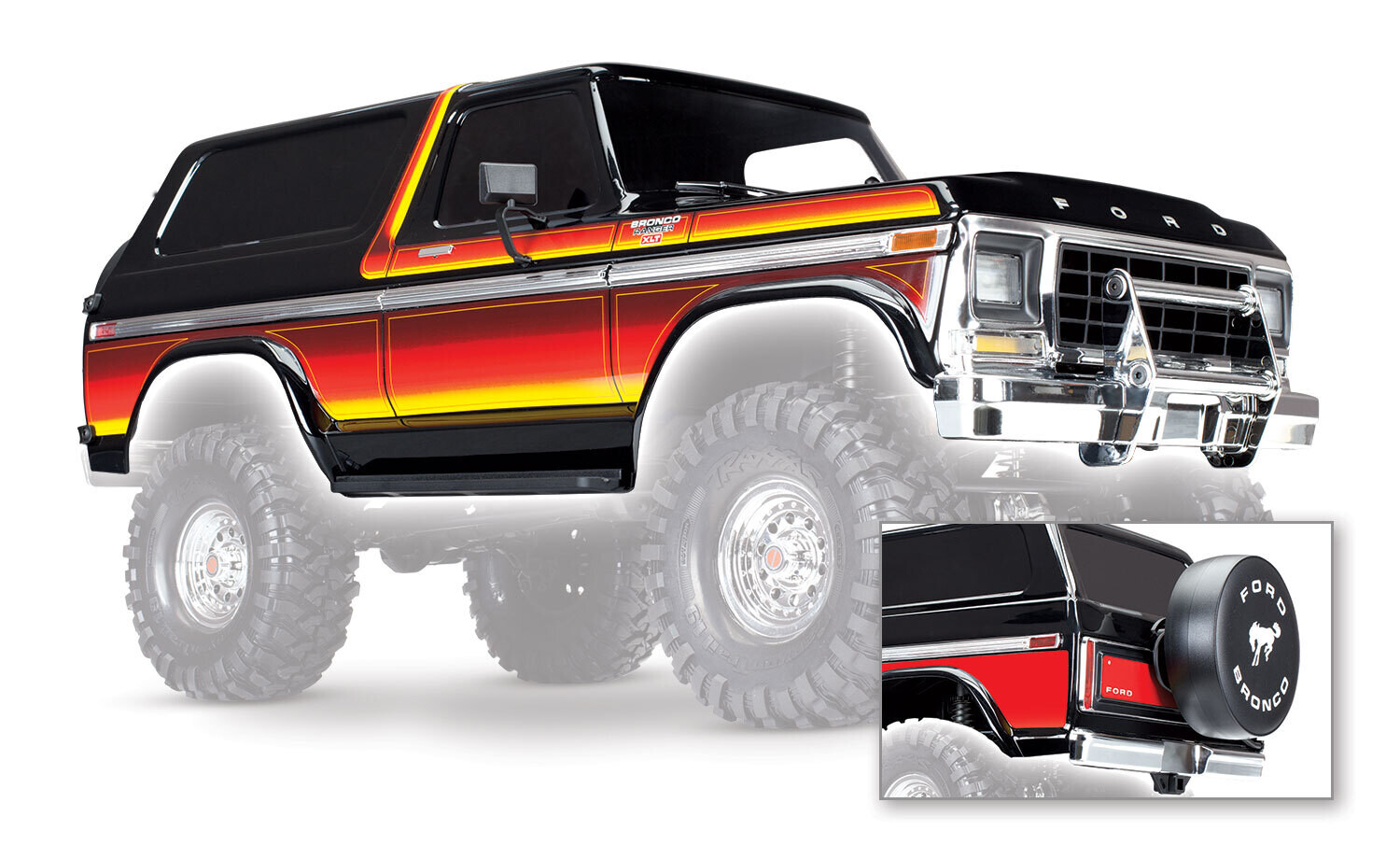 8010X Body, Ford Bronco, complete (black) (includes front and rear bumpers, push bar, rear body mount, grille, side mirrors, door handles, windshield wipers, spare tire mount, red and sunset decals) (