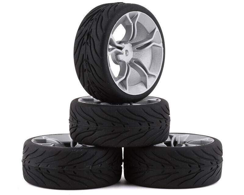 YEA-WL-0104 Yeah Racing Spec T Pre-Mounted On-Road Touring Tires w/MS Wheels (Silver) (4) w/12mm Hex &amp; 3mm Offset