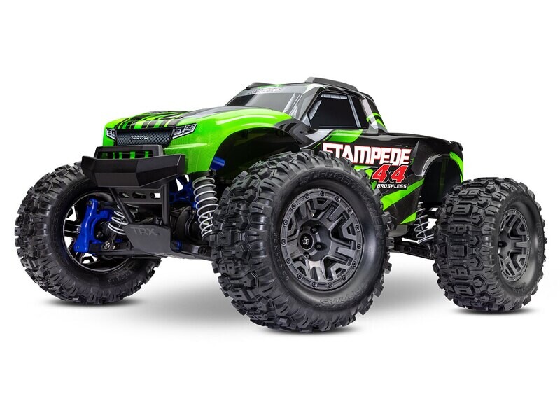67154-4 - GRN Stampede 4X4 Brushless: 1/10 scale 4X4 monster truck, fully-assembled, waterproof electronics, Ready-To-Race, with TQ 2.4 GHz 2-channel radio system, BL-2s brushless power system, and cl