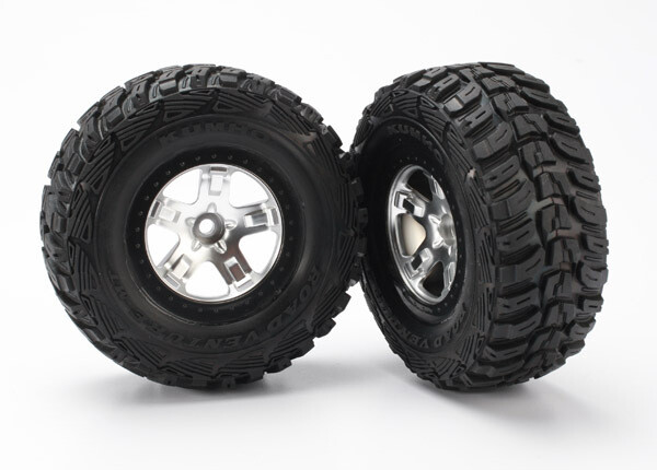 5881 Tire &amp; wheel assy, glued (SCT satin chrome, black beadlock style wheels, Kumho tires, foam inserts) (2) (2WD front)