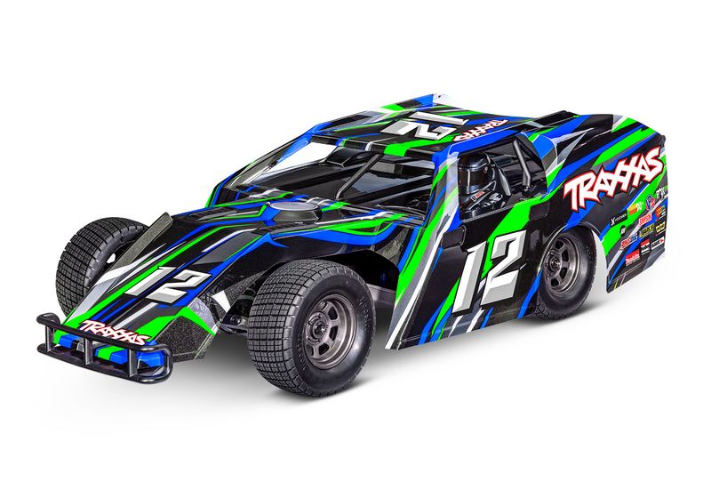 104354-74-GRN Slash Modified: 1/10 2WD oval track racing truck, Ready-To-Race® with TQ 2.4 GHz s-channel radio system, Traxxas Stability Management BL-2s Brushless Power System, and clipless painted
