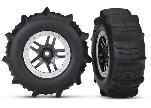 5891 Tires &amp; wheels, assembled, glued (SCT Split-Spoke black, satin chrome beadlock style wheels, paddle tires, foam inserts) (2) (4WD f/r, 2WD rear) (TSM® rated)
