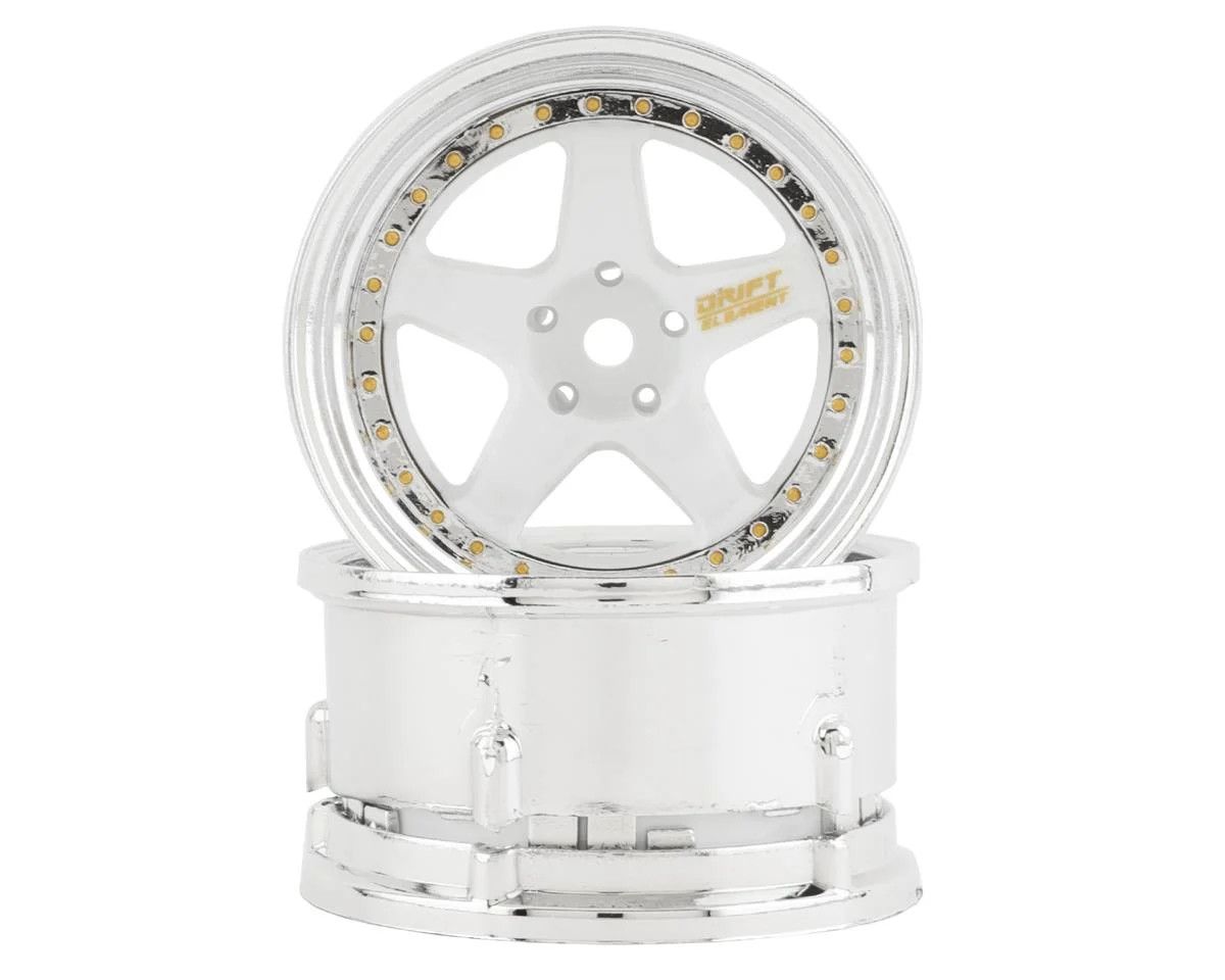 DSC-DE-011 DS Racing Drift Element 5 Spoke Drift Wheels (White &amp; Chrome w/Gold Rivets) (2) (Adjustable Offset) w/12mm Hex