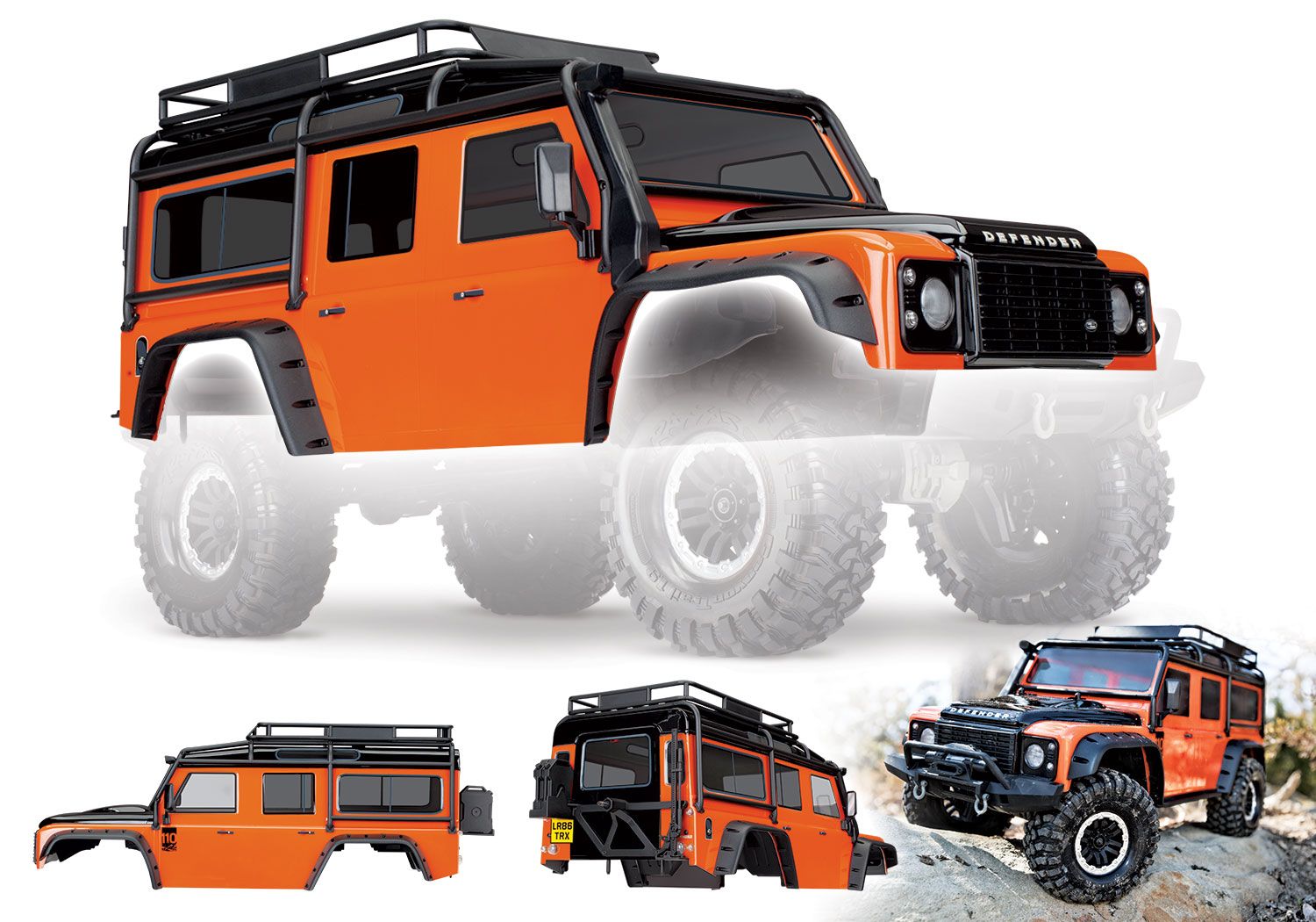 8011A Body, Land Rover Defender, adventure orange (complete with ExoCage, inner fenders, fuel canisters, and jack)