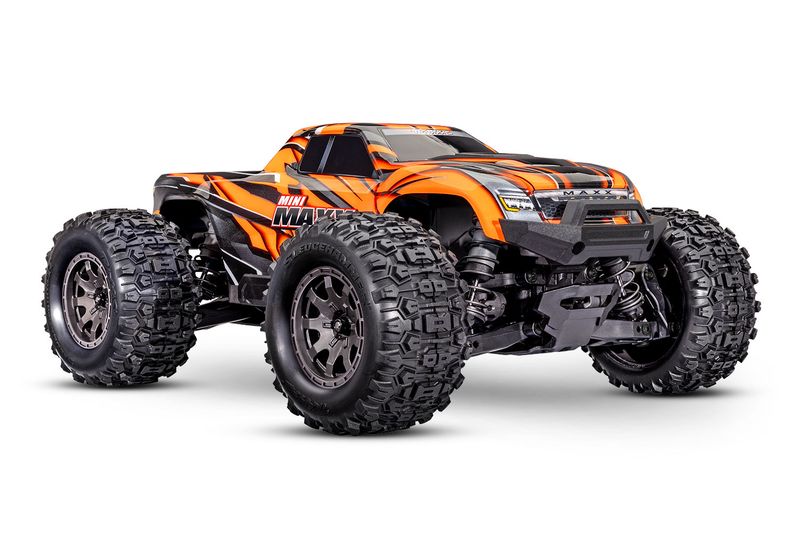 107154-1-ORNG Mini Maxx: Maxx-scale monster truck, fully assembled, Ready-To-Race®, with TQ™ 2.4 GHz radio system, Bl-2s™ Brushless Power System, and clipless painted body. Includes 2-cell LiPo batter