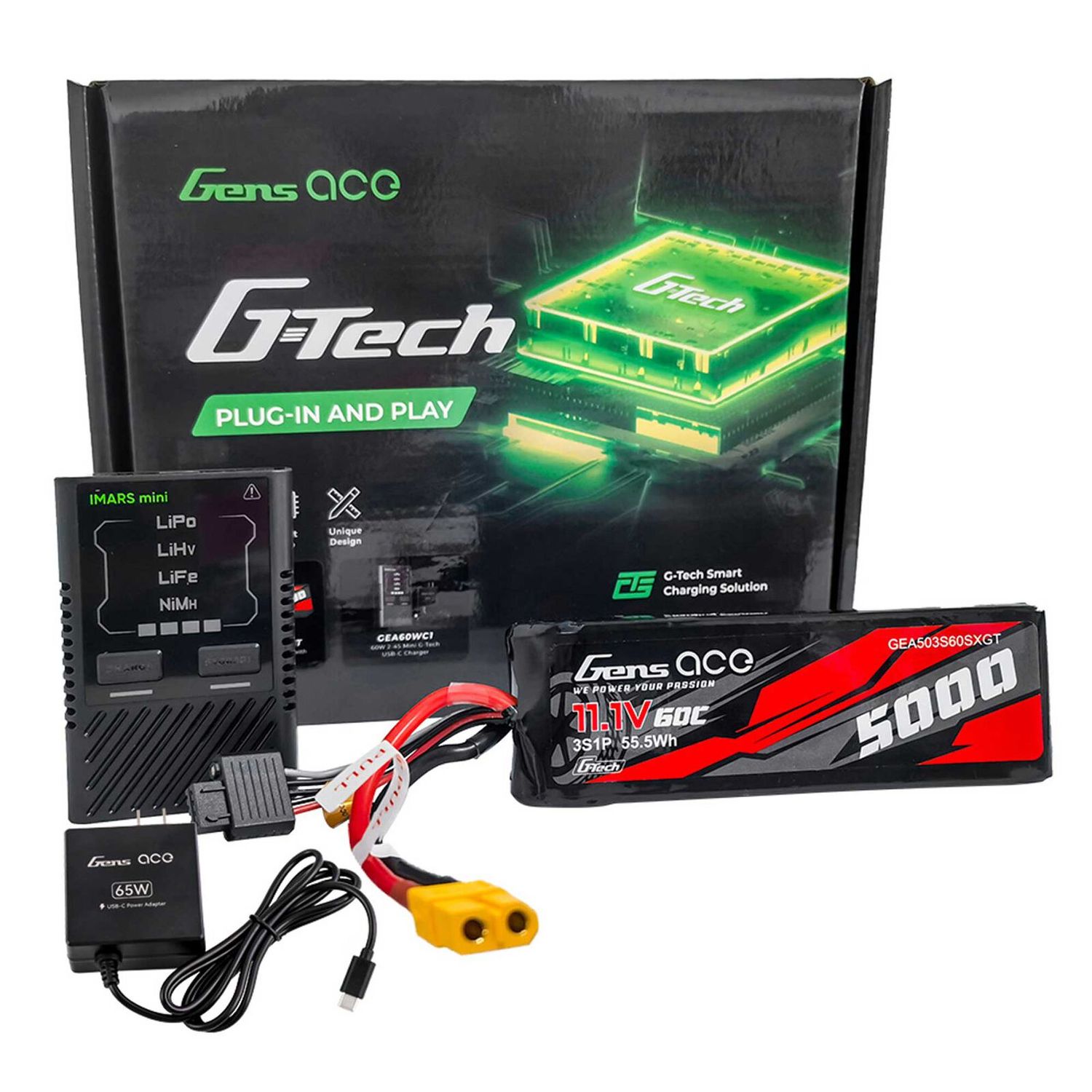 GEA60W3S5060GT G-Tech Bundle: 5000mAh 3S 60C softpack XT60 + iMars Mini charger