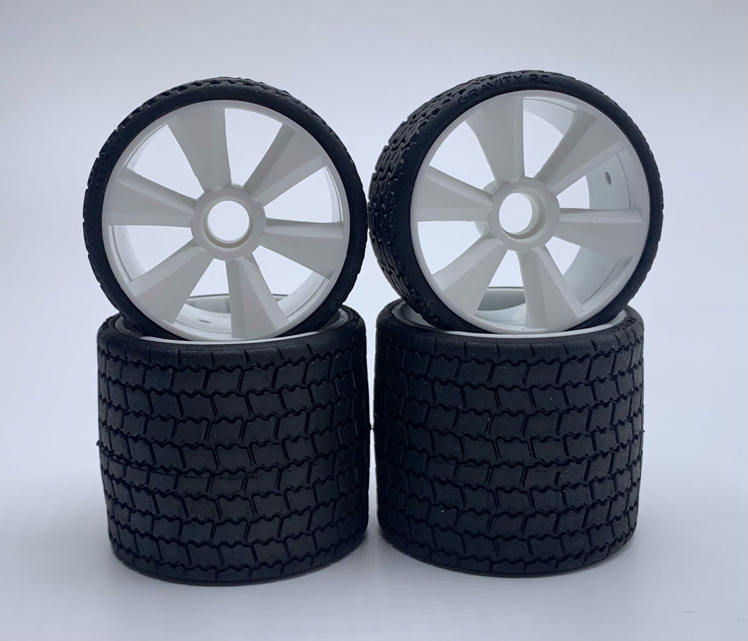 GRC142W GR12 12th scale rubber tires (4) on white wheel, preglued
