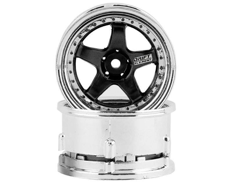 DSC-DE-014 DS Racing Drift Element 5 Spoke Drift Wheels (Black &amp; Chrome w/Black Rivets) (2) (Adjustable Offset) w/12mm Hex