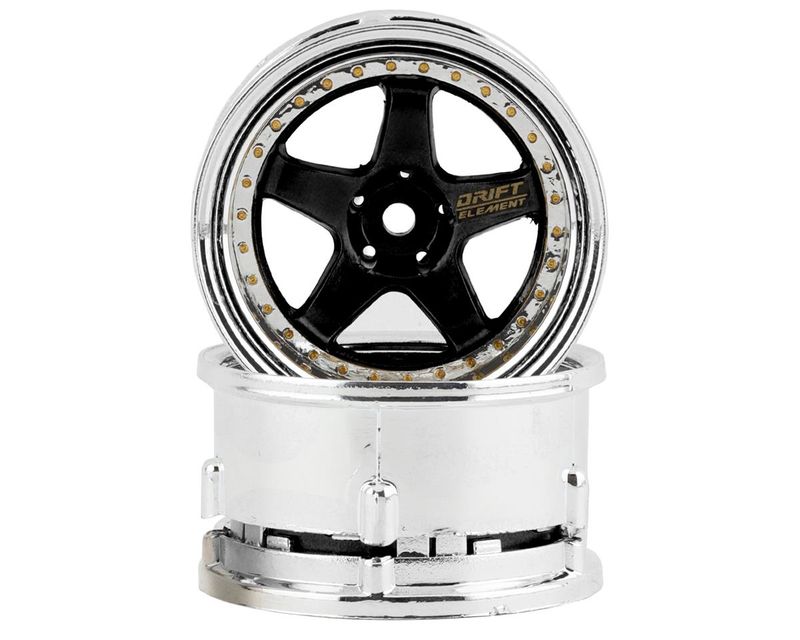 DSC-DE-013 DS Racing Drift Element 5 Spoke Drift Wheels (Black &amp; Chrome w/Gold Rivets) (2) (Adjustable Offset) w/12mm Hex