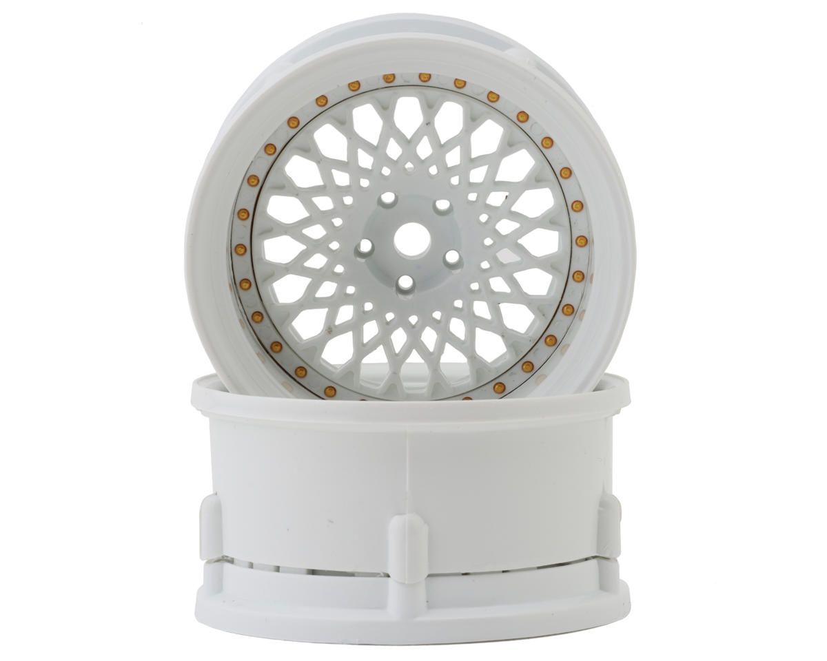DSC-DE-304 DS Racing Drift Element Mesh Drift Wheels (Triple White w/Gold Rivets) (2) (Adjustable Offset) w/12mm Hex