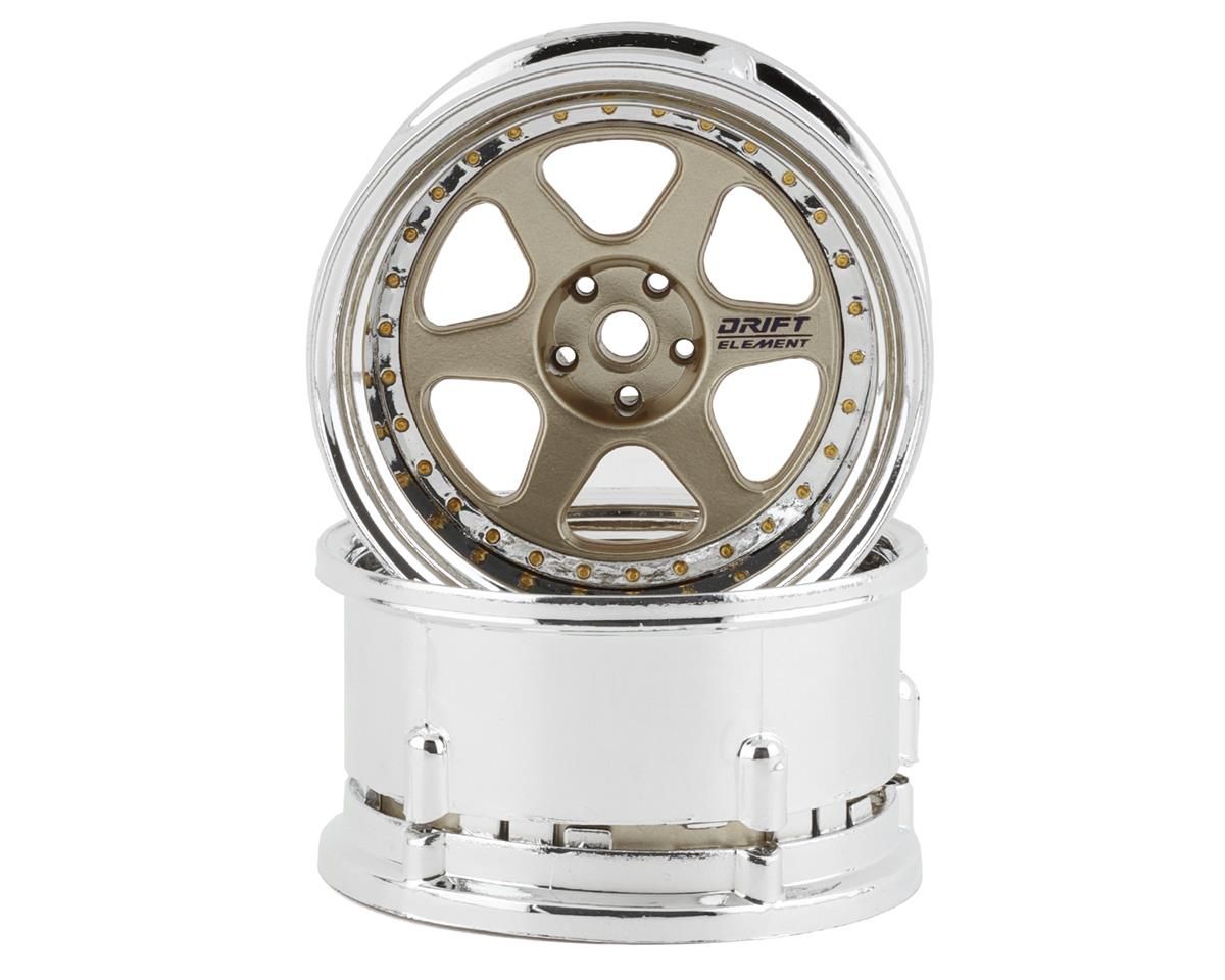 DSC-DE-216 DS Racing Drift Element 6 Spoke Drift Wheels (Gold &amp; Chrome w/Gold Rivets) (2) (Adjustable Offset) w/12mm Hex