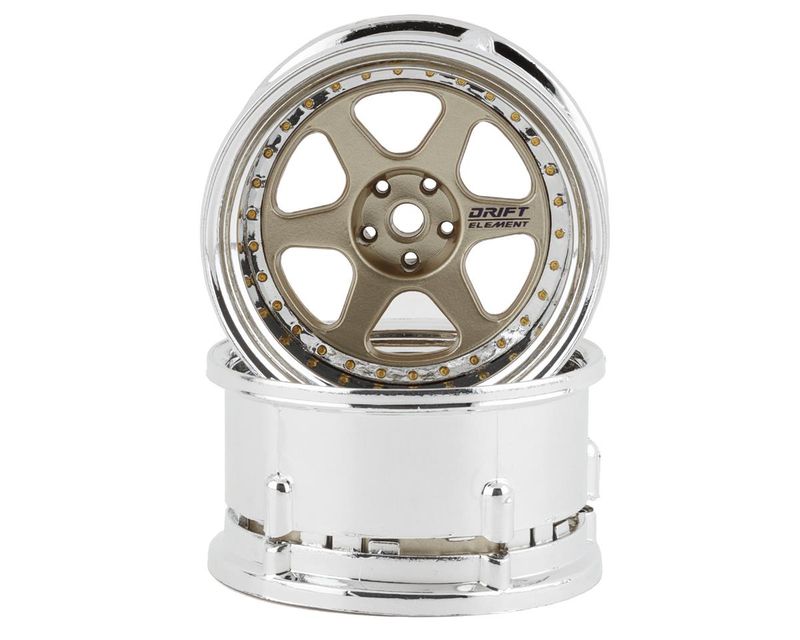 DSC-DE-216 DS Racing Drift Element 6 Spoke Drift Wheels (Gold &amp; Chrome w/Gold Rivets) (2) (Adjustable Offset) w/12mm Hex