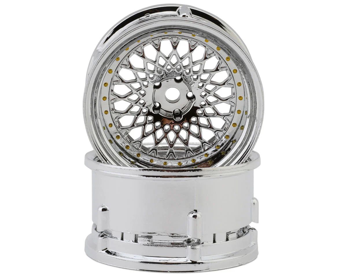 DSC-DE-309 DS Racing Element Mesh Drift Wheels (Tri Chrome w/Gold Rivets) (2) (Adjustable Offset) (2) w/12mm Hex