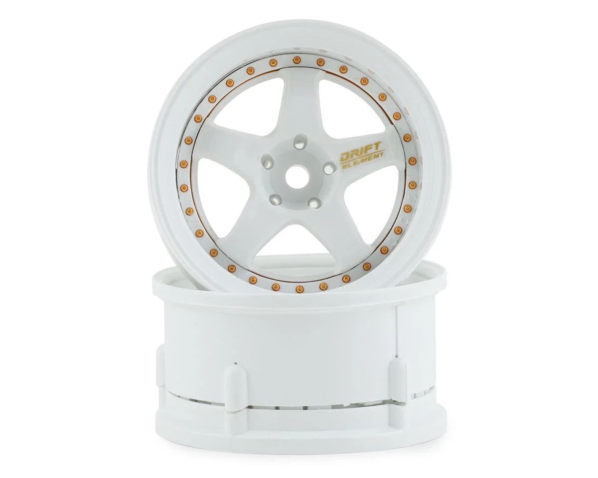 DSC-DE-004 DS Racing Drift Element 5 Spoke Drift Wheels (Triple White w/Gold Rivets) (2) (Adjustable Offset) w/12mm Hex