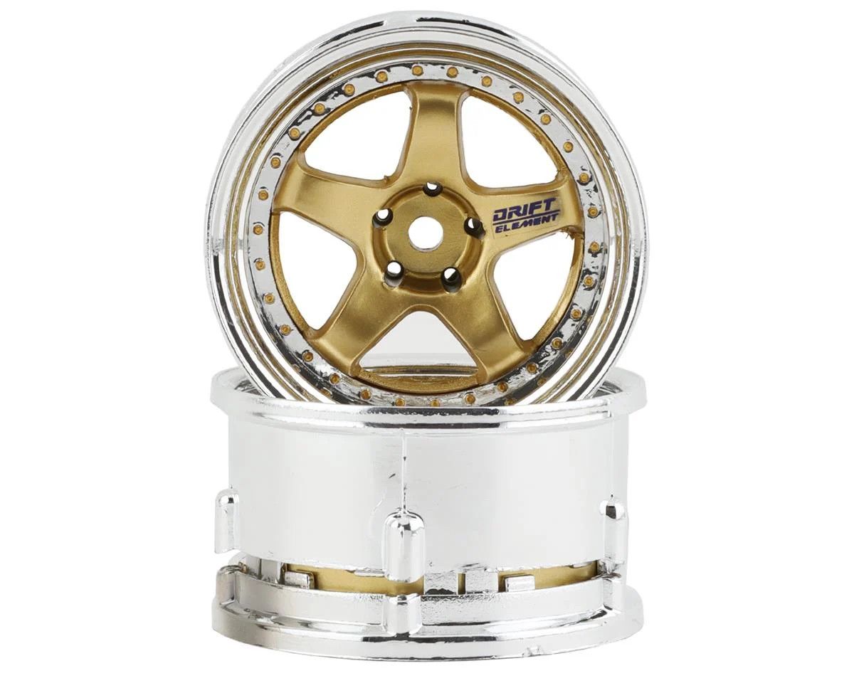 DSC-DE-018 DS Racing Drift Element 5 Spoke Drift Wheels (Gold &amp; Chrome w/Gold Rivets) (2) (Adjustable Offset) w/12mm Hex