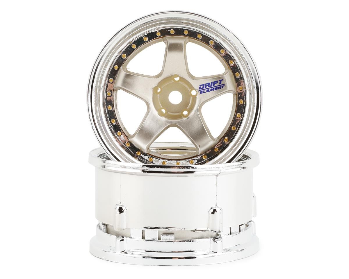 DSC-DE-016 DS Racing Drift Element 5 Spoke Drift Wheels (Gold &amp; Chrome w/Gold Rivets) (2) (Adjustable Offset) w/12mm Hex